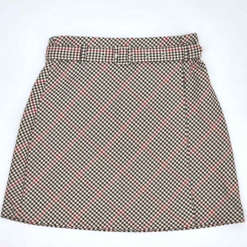 H&M Houndstooth Checked Plaid A-line Belted Skirt Womens Size 6 Red Brown Black